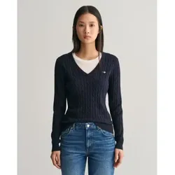 Gant für Damen. 4800101 Strickpullover mit V-Ausschnitt aus Stretch-Baumwolle in navy mit geripptem V-Ausschnitt (XS), Lässig, Langarm, Mari