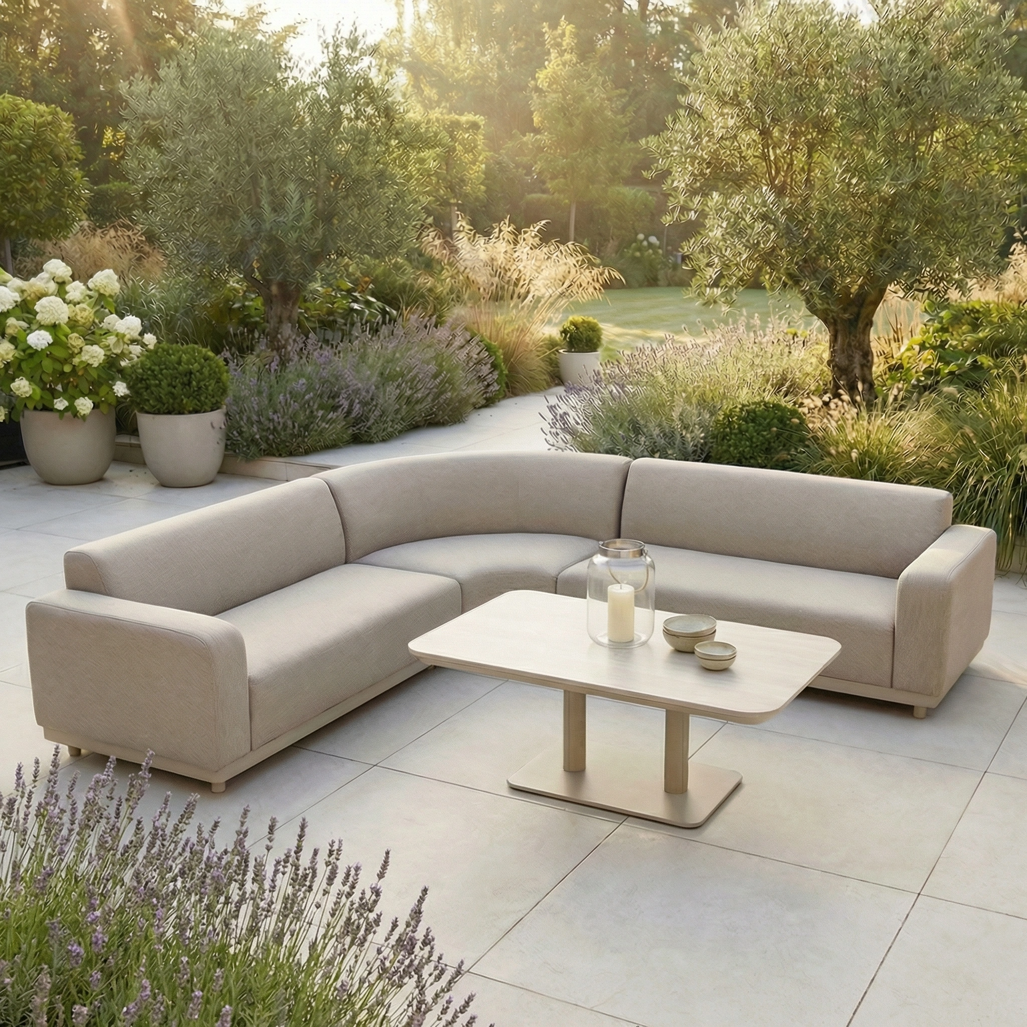 Harbour Lifestyle Luna Outdoor Fabric Curved Corner Sofa Set with Altura Rising Table in Fawn