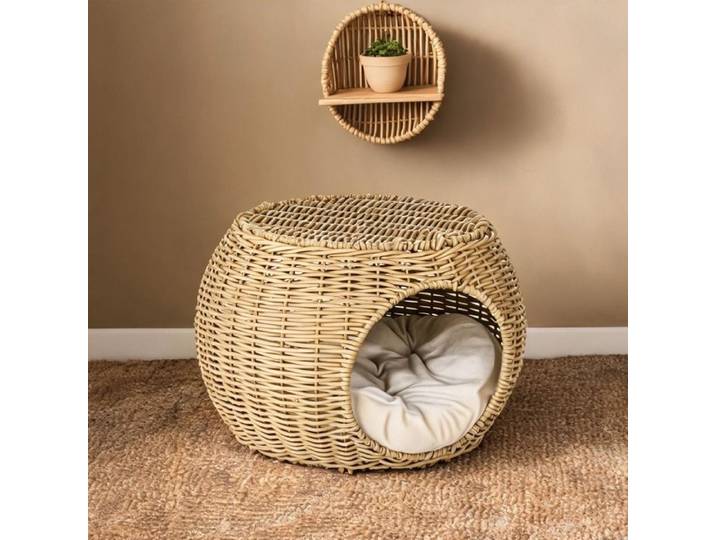 Petit Meuble De Rangement - Cat Caves and Houses with Ø40 cm pairing 15.8 in with coussin inclus and Marron Résine Tressée