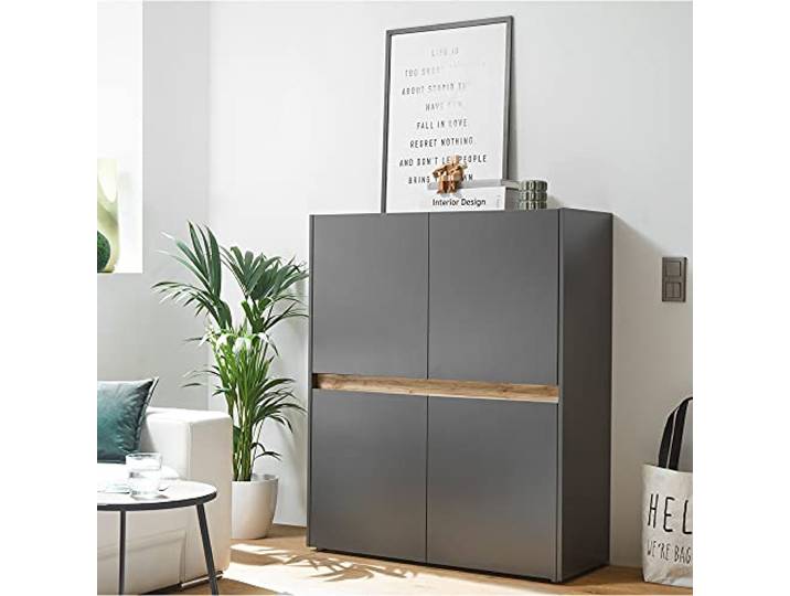Lomadox Highboard Esszimmer in anthrazit mit Absetzungen in Wotan Eiche Nb., B/H/T: ca. 100/120/40 cm