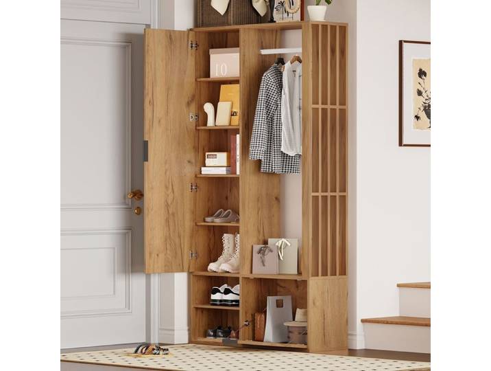 Meuble d'entrée avec miroir penderie et 9 rangements - YEAVIO - Bois naturel pour entrée 100×33×190 cm
