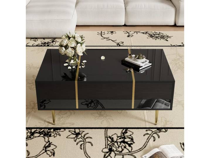 Table basse design noire brillante - 2 tiroirs moderne et fonctionnelle pour salon