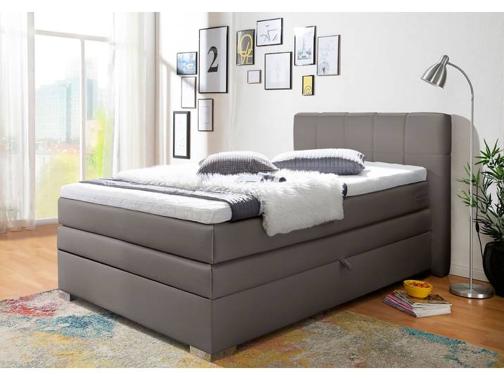 Boxspringbett HOME AFFAIRE Airdrie , grau (elephant), B:110cm L:210cm, Kunstleder, Kunststoff, Massivholz, Komplettbetten, Boxspringbett, inkl. Bettkasten und Topper