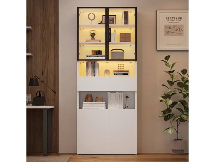Merax Vitrine mit LED und Glastüren, 1 Schublade, Weiß, 70 × 30 × 200 cm App-Steuerung, 2 Schränke, offene Ablagen, Standvitrine