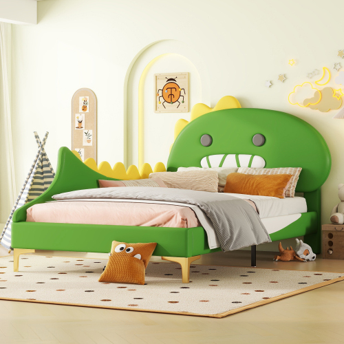 okwish Kinderbett mit Matratze 90×200cm Polsterbett Einzelbett mit Lattenrost,Jugendbett Einzelbett mit Kopfteil in Dinosaurierform,Grün