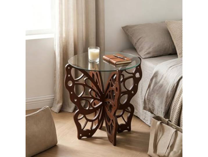 Massivholz Couchtisch mit handgeschnitzter Schmetterling-Fußkonstruktion Gehärtete Glasplatte, kleiner dekorativer Beistelltisch im Mid-Century Modern Stil(Transparent)
