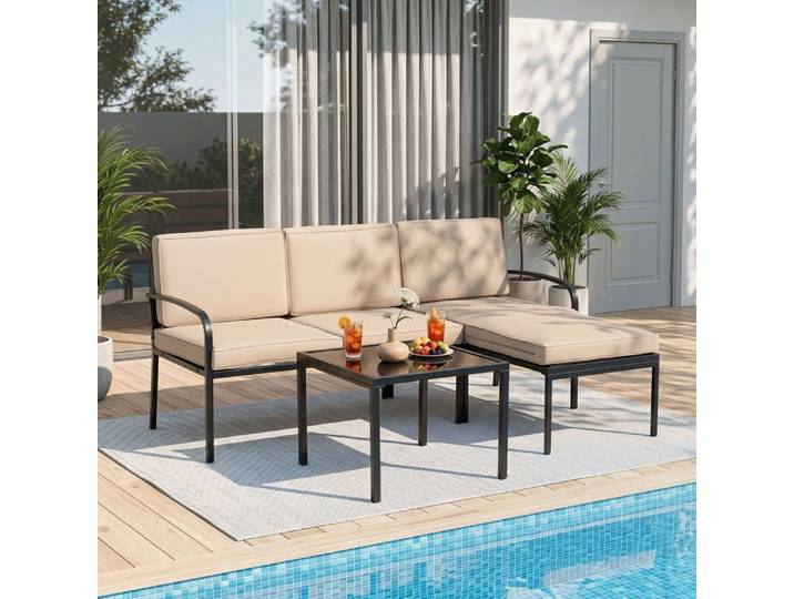 Ensemble 3PCS Table et Chaises de Jardin COSTWAY Coussins Amovibles Lavables Table Basse en Verre Canapé d'Angle Modulable Kaki