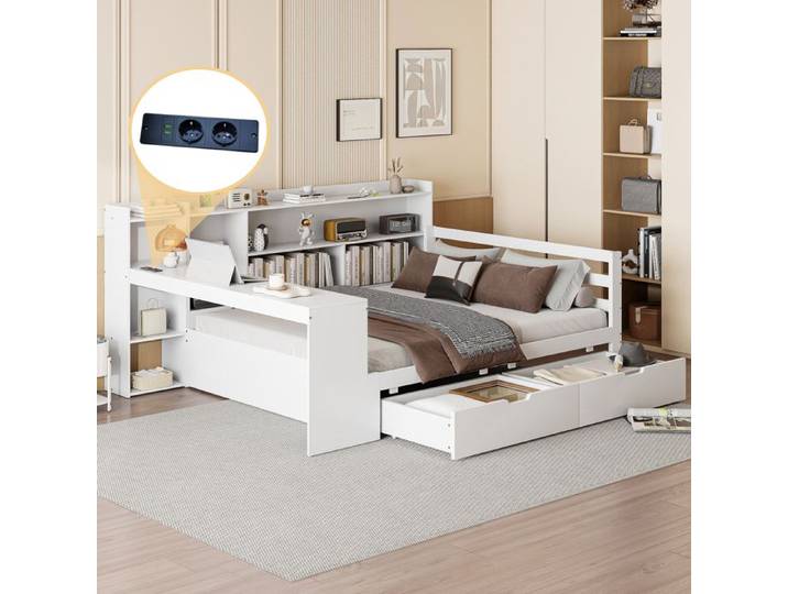Lit double 245.5x165x100 cm Blanc Bois massif avec bureau etageres et prise USB