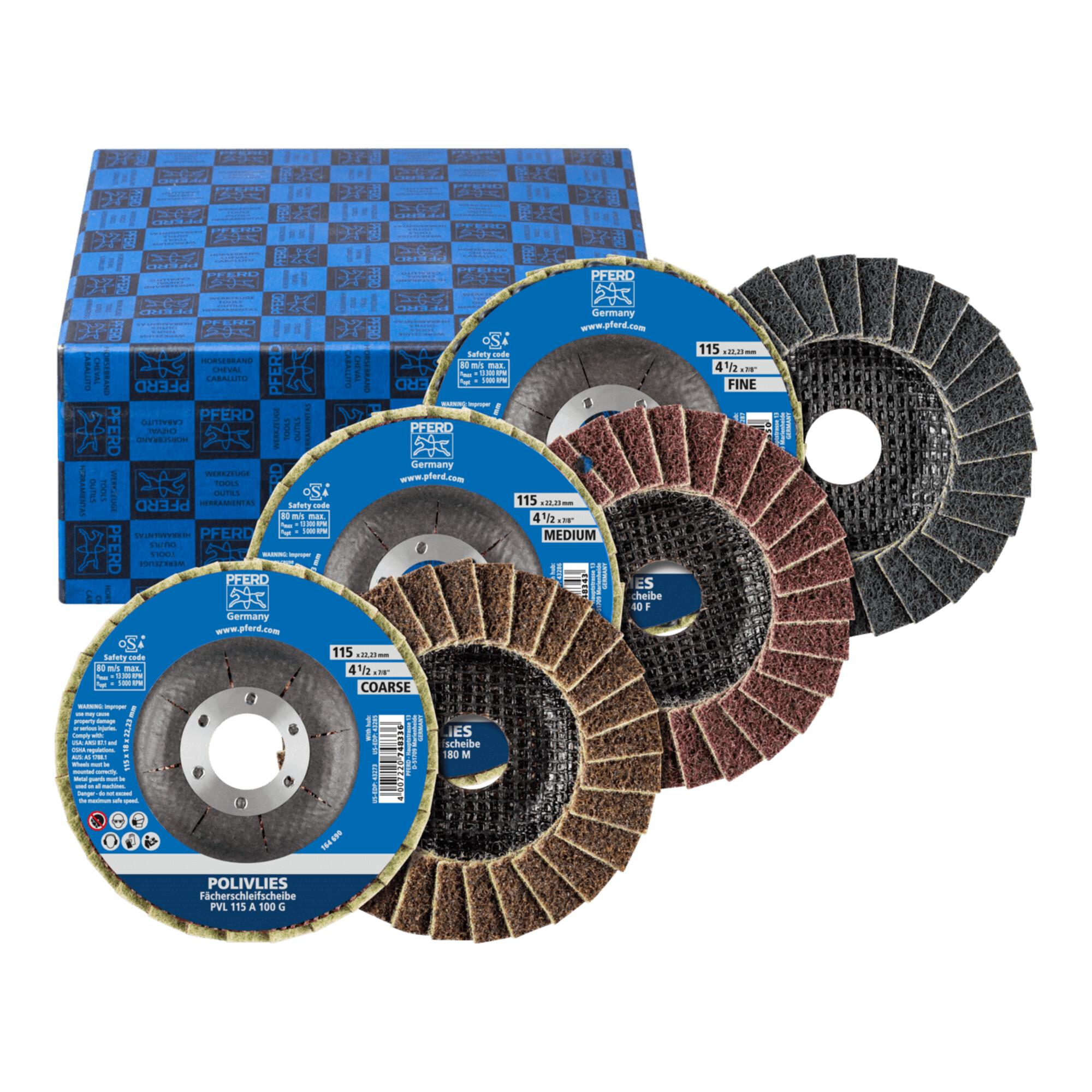PFERD TOOLS POLIVLIES-Fächerscheiben-Set PVL Korund Ø115mm Bohrung Ø22,23mm A100,180,280 (44698007)