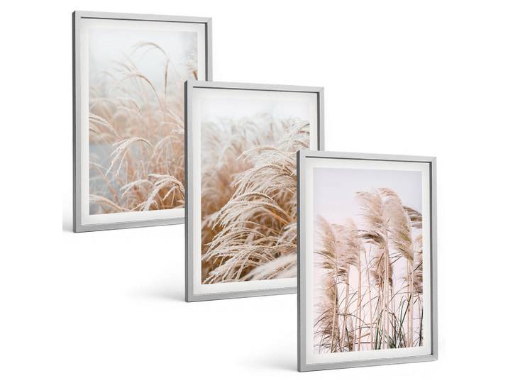 Tulup Bilder SET 3er Set - 40x60 cm Silberner Rahmen - Grasflächen in Braun- und Beigetönen, Silberfarben, Kunststoff, Rechteckig, 40x60 cm, einfache und schnelle Anbringung, Bilder & Rahmen, Bilder