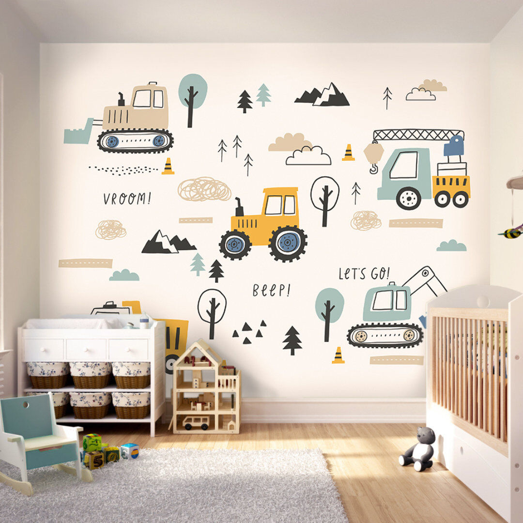 Isabelle & Max Tractors And Diggers - Wall Mural Blue 240cm L x 300cm W