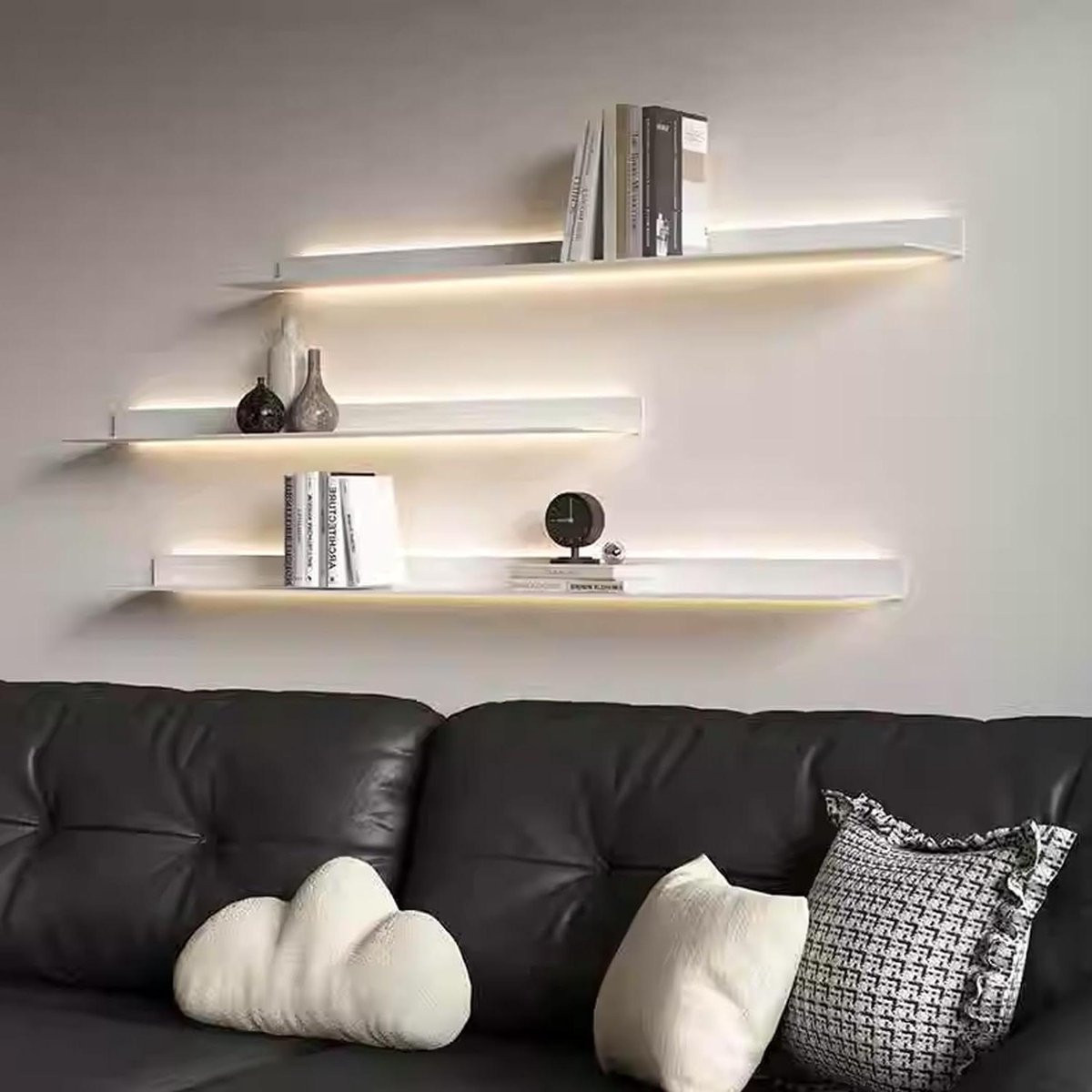 Wit zwevende muurplank met ingebouwde LED-verlichting, Breedte: 180 cm