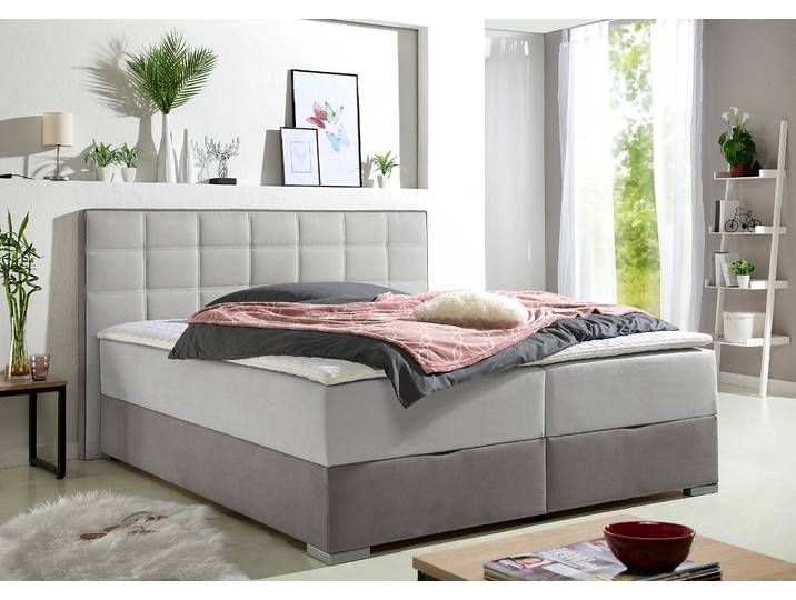 Boxspringbett MAINTAL, grau (hellgrau), L:210cm, Bezug Microfaser aus 100% Polyester, Komplettbetten, Boxspringbett, mit Bettkasten und Topper