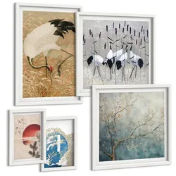 BILDER SET 5er Set - 50x50 cm & 20x30 cm & 40x60 cm Weißer Rahmen - Japanische Kraniche Landschaft