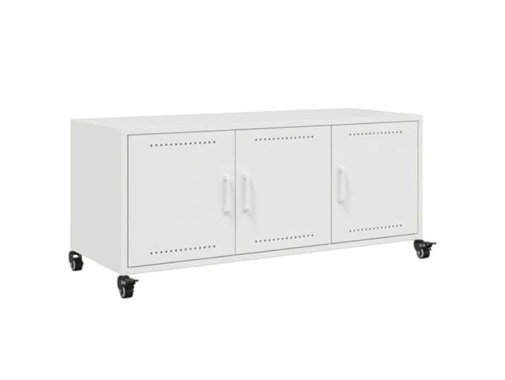 hliofuir TV-Schrank Kaltgewalzter Stahl 100,5x39x43,5 cm Weiß Mobiles Lowboard auf 4 Rollen mit 3 Fächern für Wohnzimmer und Schlafzimmer, pflegeleichte Metalloberfläche.