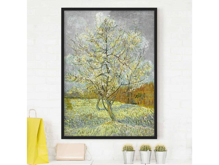 Tableau van Gogh, Pêcher rose en fleurs Papier Cadre : placage en bois véritable Pin Vert 50 x 70cm
