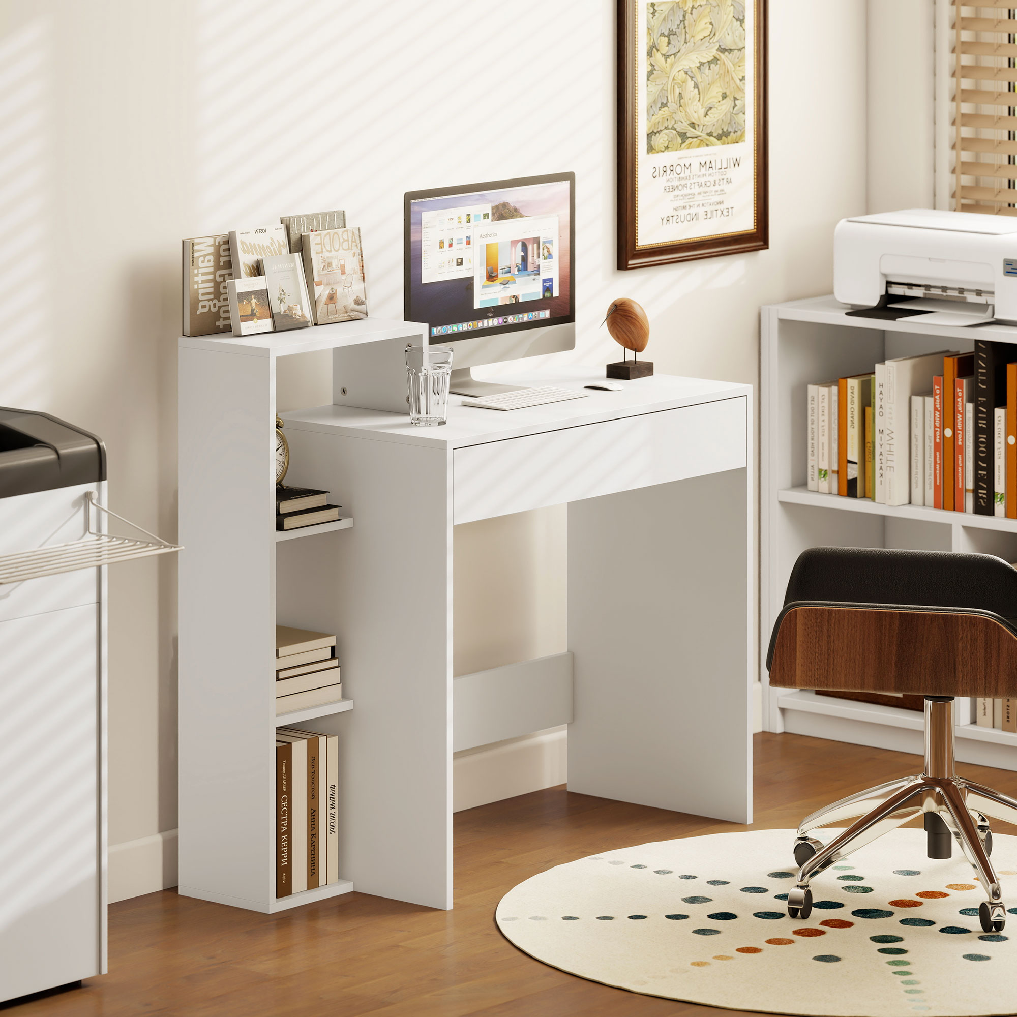 Homcom Scrivania PC Moderna con 3 Ripiani Aperti e Cassetto, in Legno Bianco, 100x40x90 cm   Aosom Italy