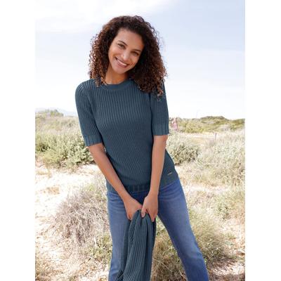 Kurzarmpullover CASUAL LOOKS "Kurzarm-Pullover", Damen, Gr. 42, blau (bleu), 50% Baumwolle, 50% Polyacryl, unifarben, Pullover