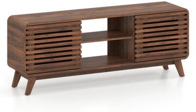 Costway Mid Century Modern Entertainment Center with Grille-style Sliding Doors for Living Room-Walnut
