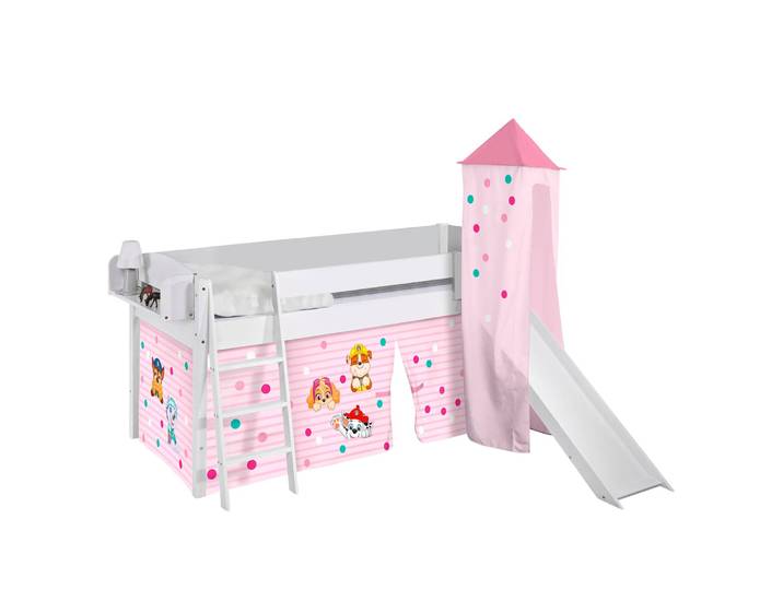 Hochbett Classic Paw Patrol 90 x 200cm Weiß/Rosa mit Rutsche & Turm