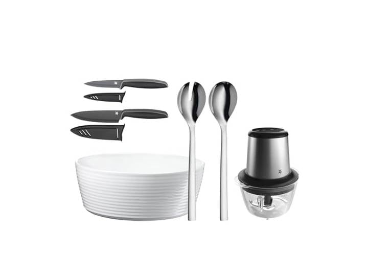 WMF Set 3-teilig Touch Messerset 2-teilig, mit Schutzhülle und Nuova Salat-Set 3-teilig, Salatbesteck 30 cm mit Salatschale und Kult X Edition Zerkleinerer elektrisch mit Glasbehälter, 320 W