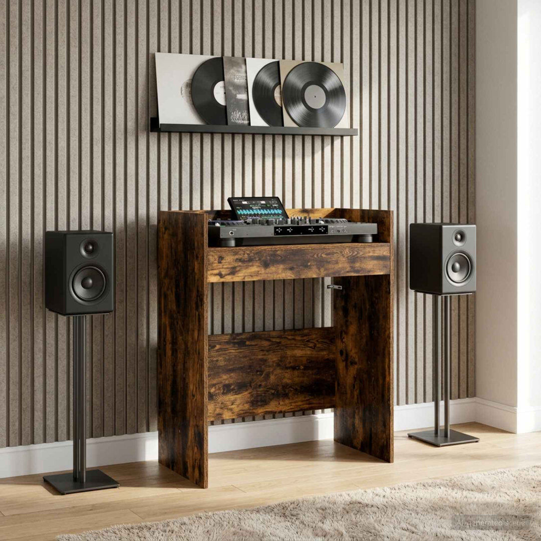 Brayden Studio DJ Table Engineered Wood Modern Audio Table Music Workspace DJ Setup Home Smoked Oak 102cm H x 82cm W x 45cm D