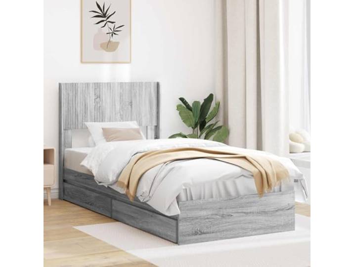 RJPLMFV Bettgestell mit Stauraum, Kopfteil, Sonoma, Grau Holzwerkstoff, inkl. Latten, modernes Design, einfache Reinigung