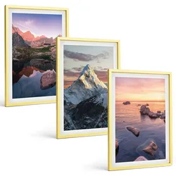 BILDER SET 3er Set - 40x60 cm Goldrahmen - Berglandschaften im Hintergrund