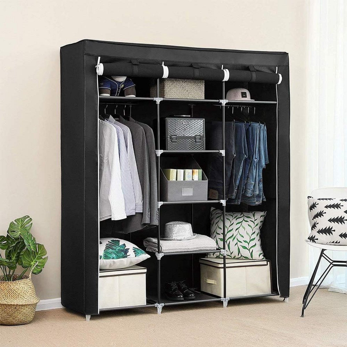 Grote Kledingkast Organizer met Stalen Frame - Zwarte Opvouwbare Garderoberek