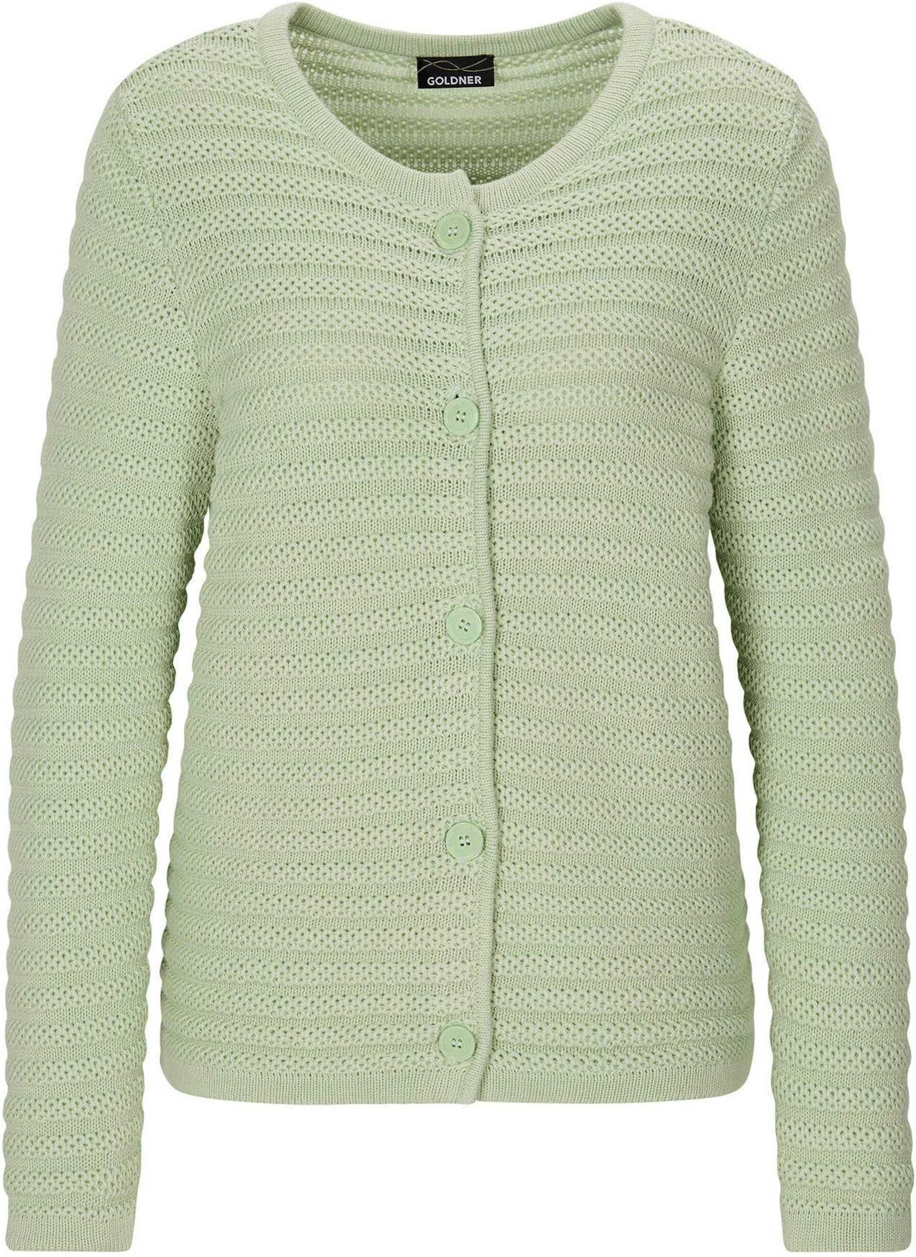 Strickjacke GOLDNER "Ajourjacke in Querrippen-Optik", Damen, Gr. 52, grün (salbei), Obermaterial: 100% Baumwolle CO., Strickjacken Strickjacke, modischer Strukturstrick
