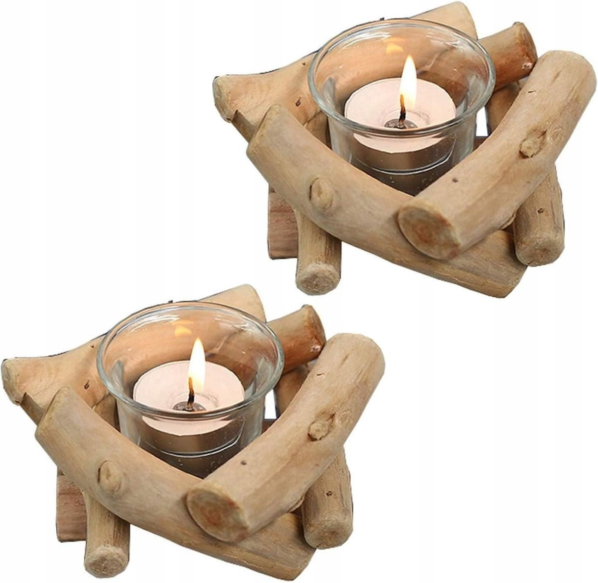 STUDIO-PAKA Rustieke Houten Kandelaars voor Theelichtjes - Set van 2