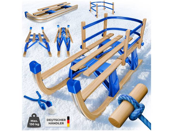 Holzschlitten Vivian, klappbar mit Rückenlehne und Zugseil - braun