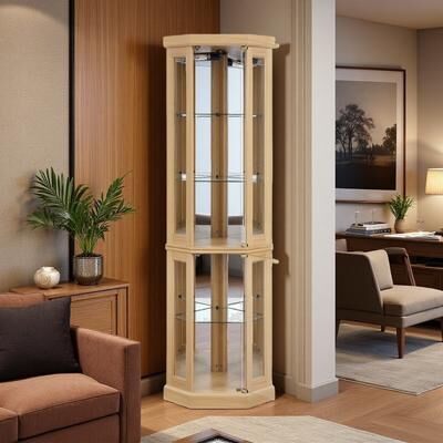ZWYO HOSIMU "69.84""H Lighted Display Corner Curio Cabinet with Glass Doors, Adjustable Shelves, and Mirrored Back."