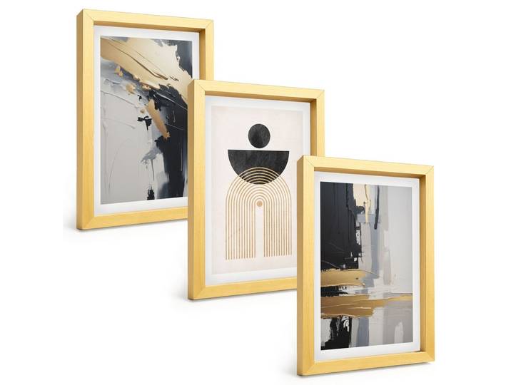 BILDER SET 3er Set - 20x30 cm Goldrahmen - Abstrakte Geometrie Eleganz