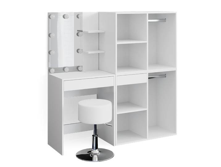 Coiffeuse avec led, tabouret et armoire blanc 140x140cm