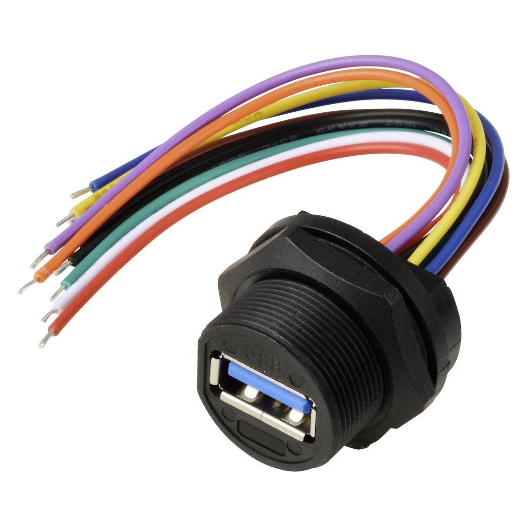 Tru Components USB 3.0-Buchse für die rückseitige Montage mit Draht IP67 (Gewinde), Kabel 0,1 m (TC-13543580)