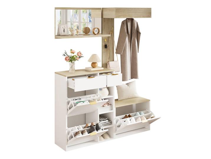 Flieks Garderobe 4tlg Schuhschrank Bank Spiegel 130x30x174cm Flur Set, Mehrfarbig, 130x174x30 cm, Garderobe, Schuhaufbewahrung, Schuhschränke