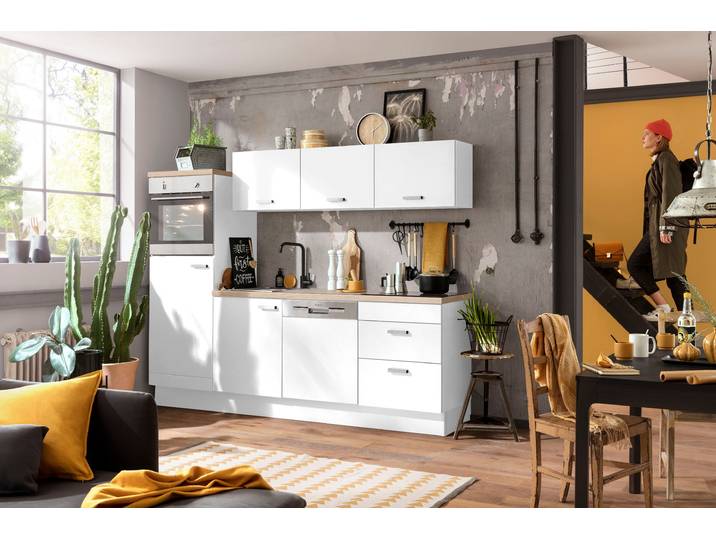 Küchenzeile OPTIFIT Parma , weiss (küche: weiß, korpus: weiß, arbeitsplatte: eichefarben), B:240cm T:60cm, Komplettküchen-Sets, Küchenzeile, ohne E-Geräte, Breite 240 cm