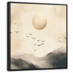 LEINWAND Bilder mit Rahmen - Landschaft - Japandi - Vogel - 50x50