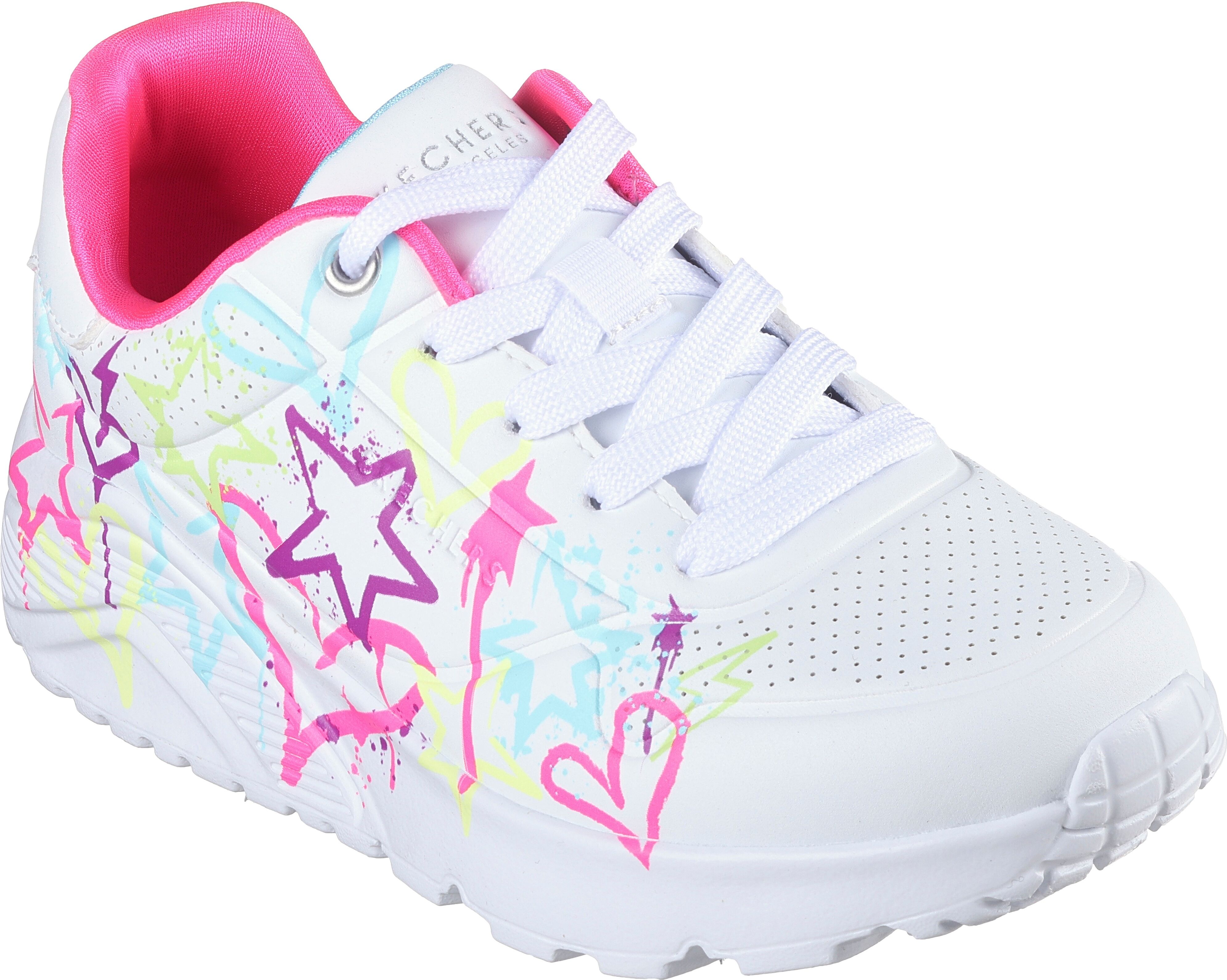 Sneaker SKECHERS "Uno Lite - My Drip", Mädchen, Gr. 32, Textil, bunt (weiß, multi), Lederimitat, kontrastfarbene Details, Schuhe Sneaker, Retro Sneaker, Plateausneaker mit modischer Chunky Sohle weiß, multi 32, Textil