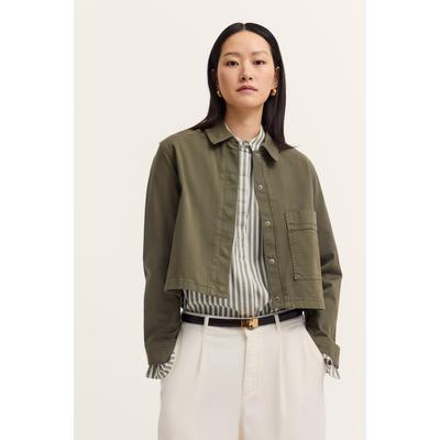 Jeansjacke BUGATTI "Hemdkragen", Damen, Gr. 38, grün (150, moos), 98% Baumwolle, 2% Elasthan, unifarben, normal, 1-Knopf-Manschette, Jacken Jeansjacke, mit verdeckter Knopfleiste