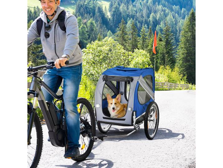 PawHut Remorque Vélo Chien 8 Réflecteurs Blanc/Bleu 130x73x90cm