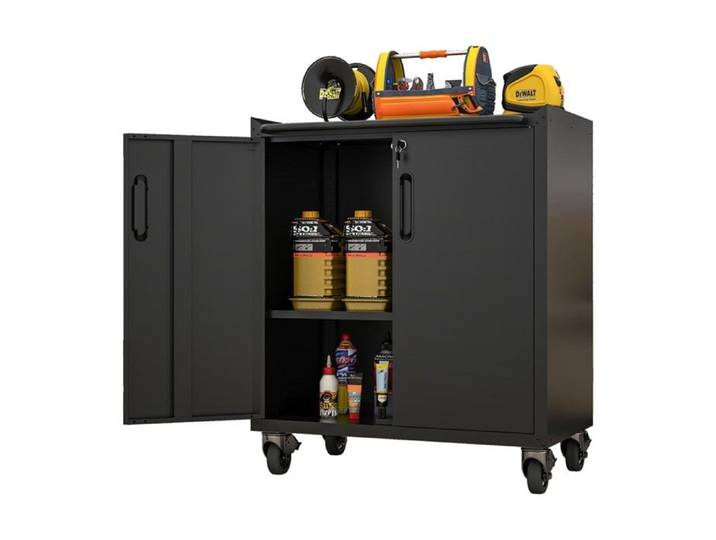 Armoire Bureau Métallique Noire Robuste- Étagère Acier Roulettes Serrure- 75x42x88cm- Rangement Garage Atelier Sous-sol