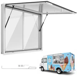 VEVOR Verkaufsfenster für Foodtrucks 1220 x 915 mm aus Aluminiumlegierung, Konzessionsfenster für Imbisswagen, bis zu 85° Aufklappbar, 2 Acryl-Schiebefenster, Verkaufsklappe, Schlepphaken, Regenschutz
