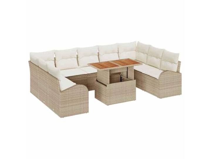 ZQQLVOO Garten-Sofa-Set 10 STK. Beige und Creme Poly-Rattan, pulverbeschichteter Stahl, Akazienholz-Tischplatte, Stauraum, UV-beständig, abnehmbare Kissen, einfache Montage