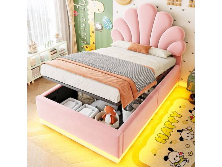 Lit enfant 204x100x112 cm Rose Velours avec rangement hydraulique LED fleur