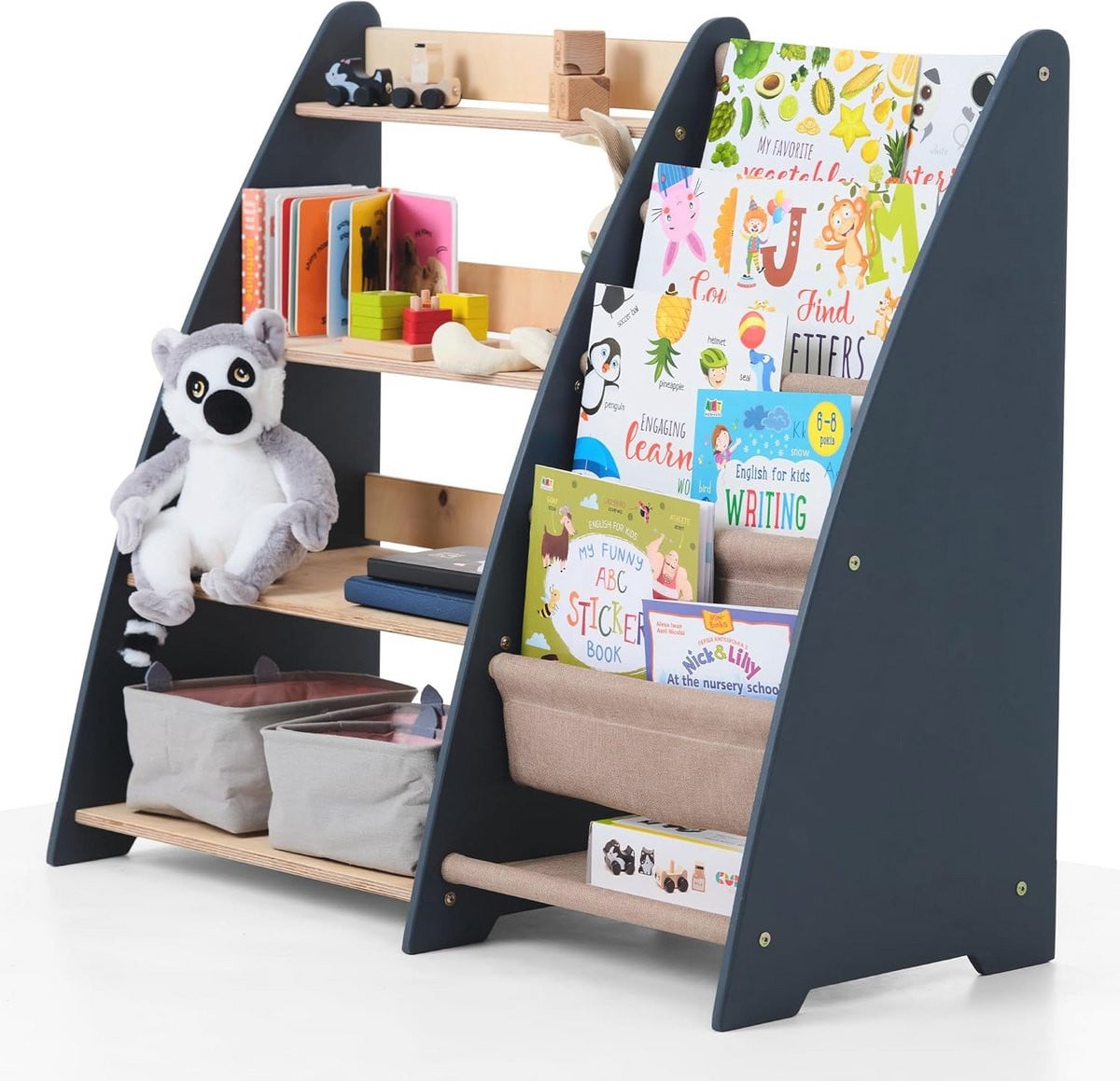 Stijlvolle houten kinderboekenkast en speelgoedorganizer voor de kinderkamer