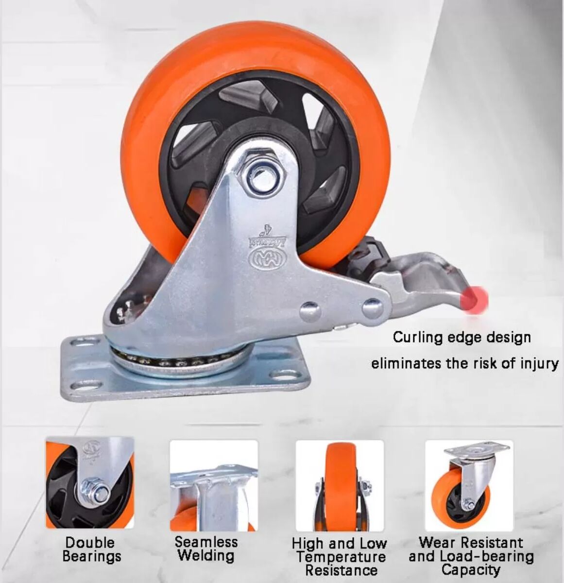 INF Roues pivotantes industrielles moyennes x4 avec frein - Roue 3" PVC/polyuréthane orange, double roulement, charge élevée