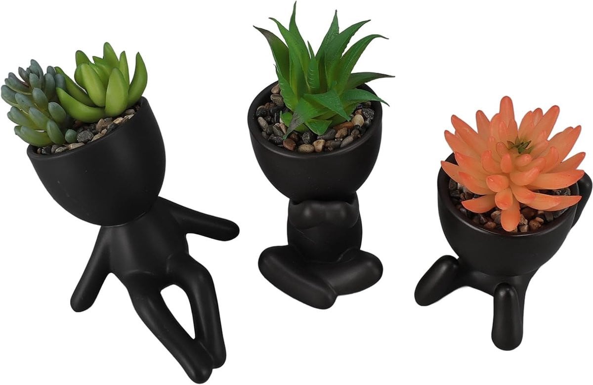 Set van 3 kunstvetplanten in zwarte potten voor decoratie