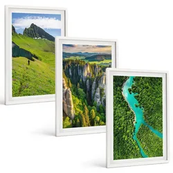 BILDER SET 3er Set - 40x60 cm Weißer Rahmen - Grüne Berge, Flussfelsen